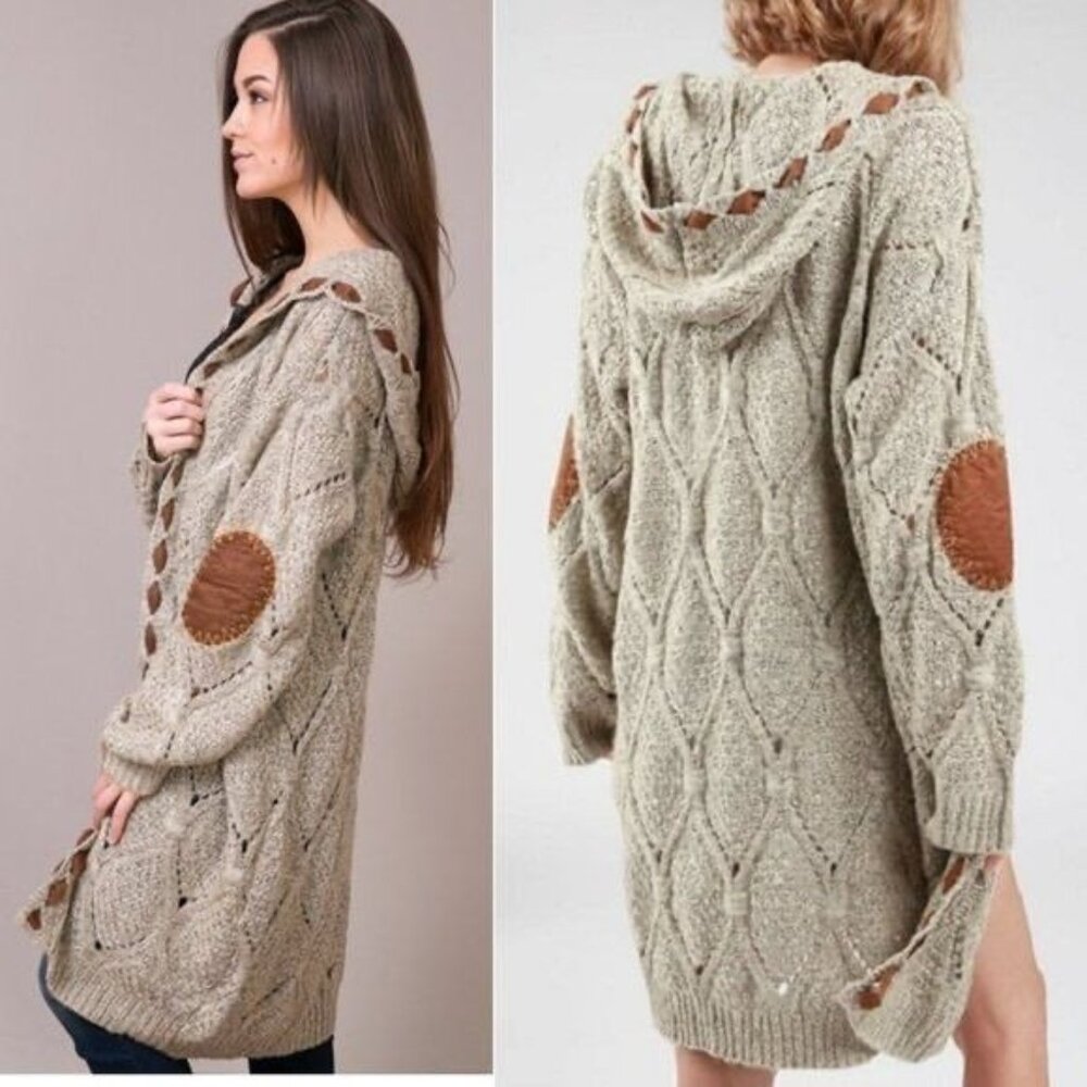 Pol M Cozy Cable Knit Hooded Long Cardigan Duster With Elbow Patches